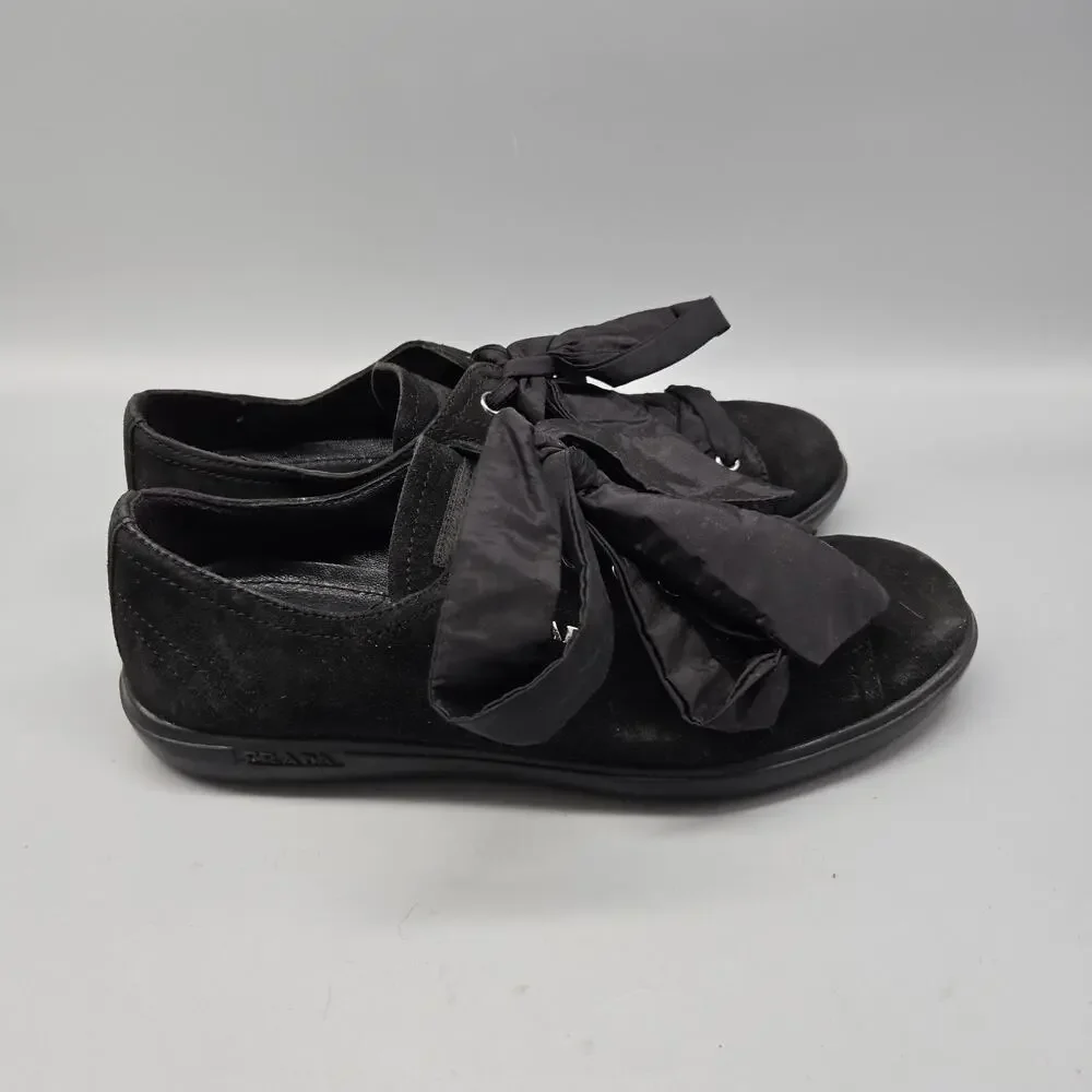 Prada Women's 6.5 Black Camoscio Suede Sneakers W/ Ribbon Laces Limited Edition